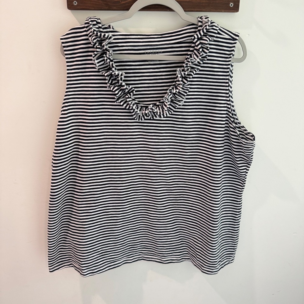Talbots‎ Woman 3X Black White Striped Ruffle Neck Sleeveless Top Tank Shell